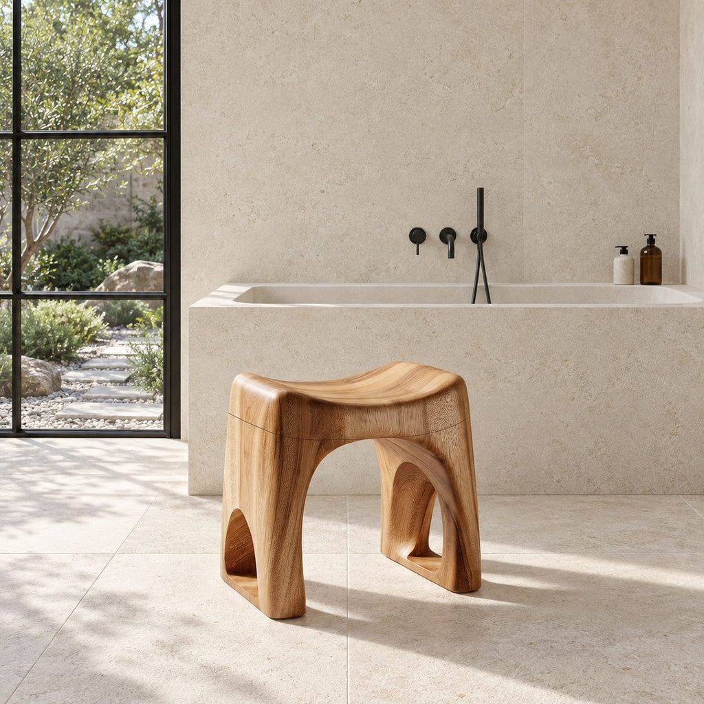 Arch Cutout Saddle Shower Stool, Solid Wood Bath Stool with Scooped Seat and Open Arched Sides, 18-24 Inch