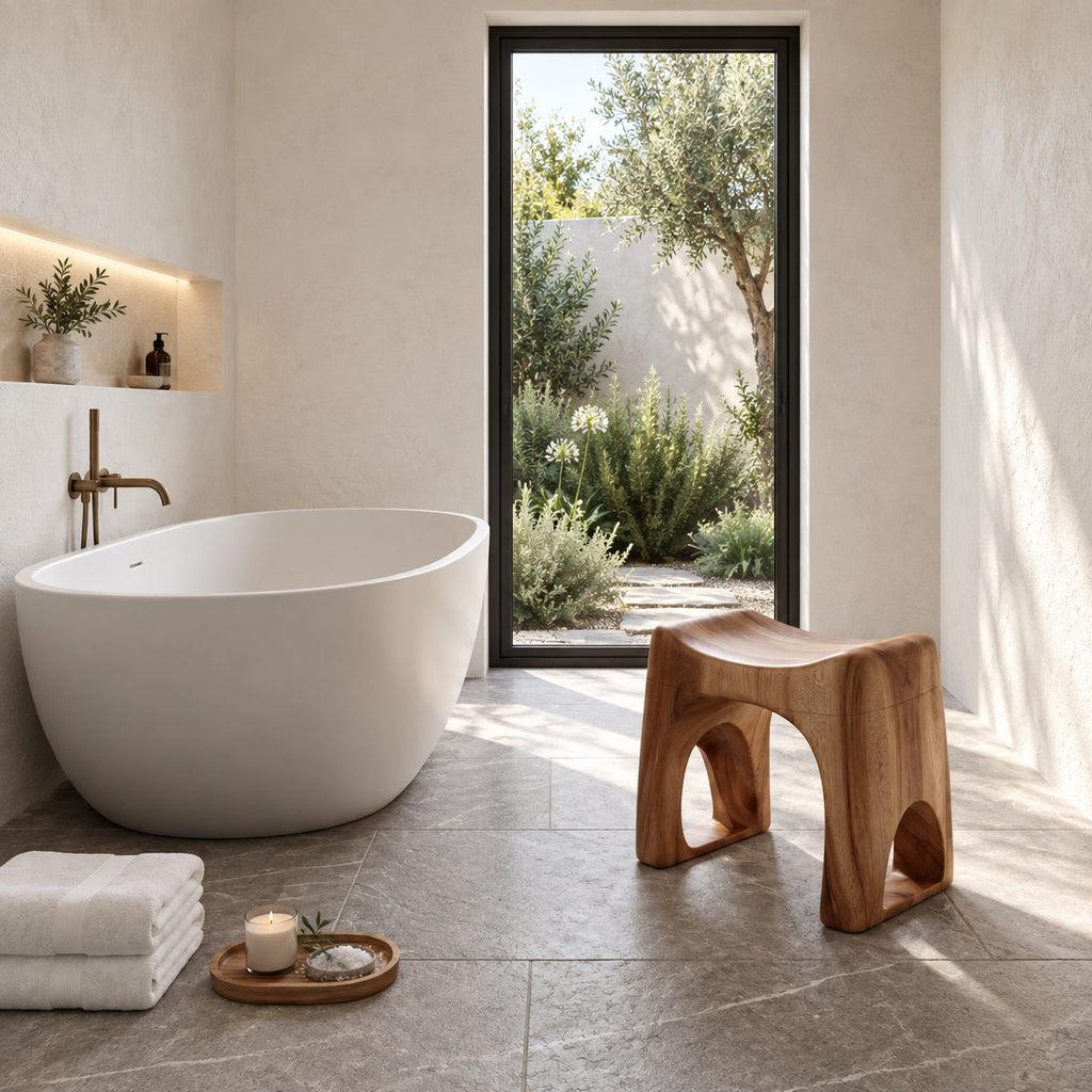 Arch Cutout Saddle Shower Stool, Solid Wood Bath Stool with Scooped Seat and Open Arched Sides, 18-24 Inch