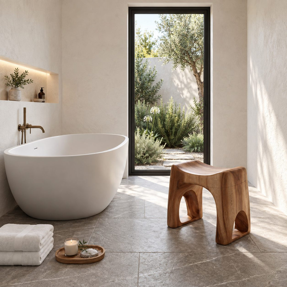 Arch Cutout Saddle Shower Stool, Solid Wood Bath Stool with Scooped Seat and Open Arched Sides, 18-24 Inch