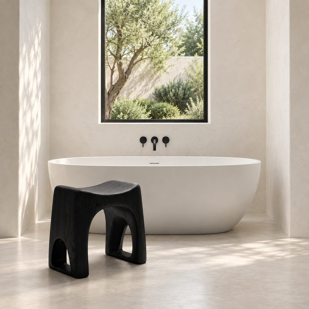 Arch Cutout Saddle Shower Stool, Solid Wood Bath Stool with Scooped Seat and Open Arched Sides, 18-24 Inch