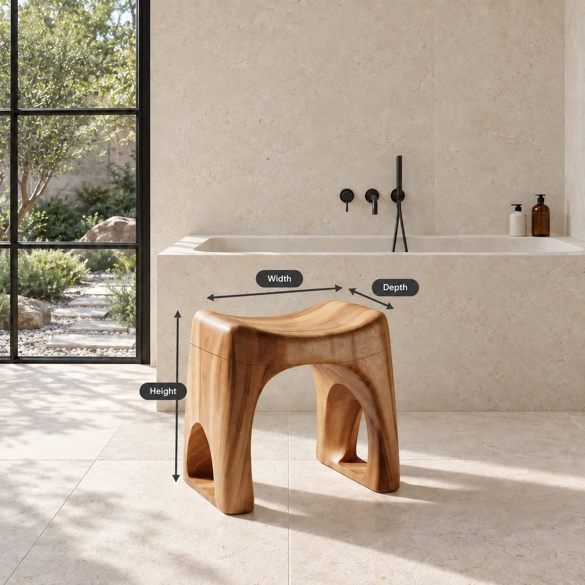 Arch Cutout Saddle Shower Stool, Solid Wood Bath Stool with Scooped Seat and Open Arched Sides, 18-24 Inch