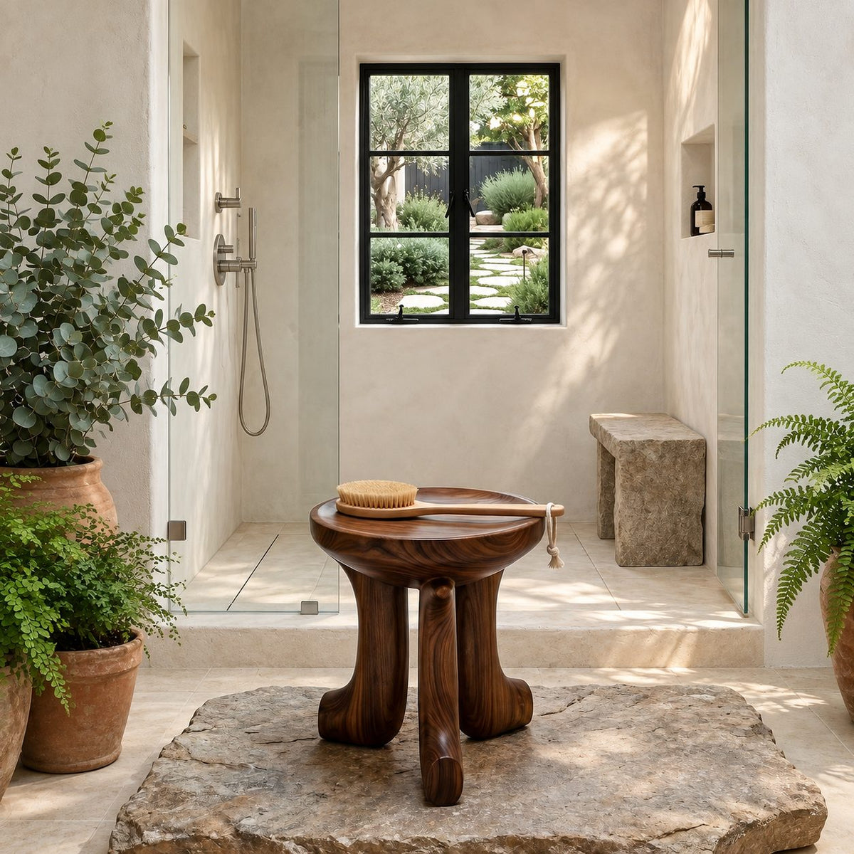 Dished Round Seat Shower Stool, Carved Solid Wood Bath Stool on Three Curved Feet, 16 Inch