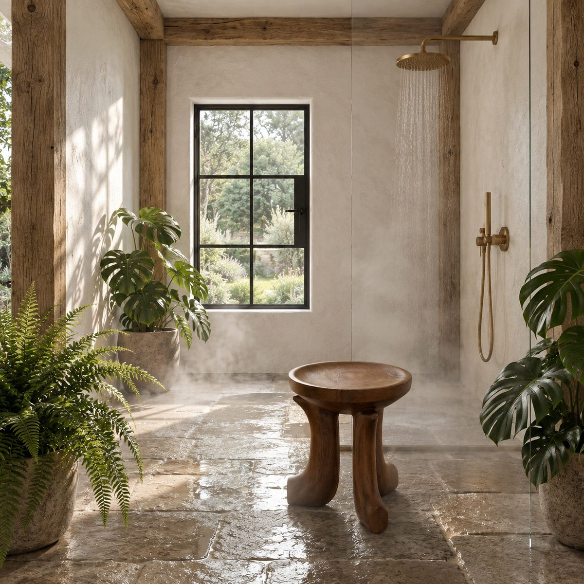 Dished Round Seat Shower Stool, Carved Solid Wood Bath Stool on Three Curved Feet, 16 Inch