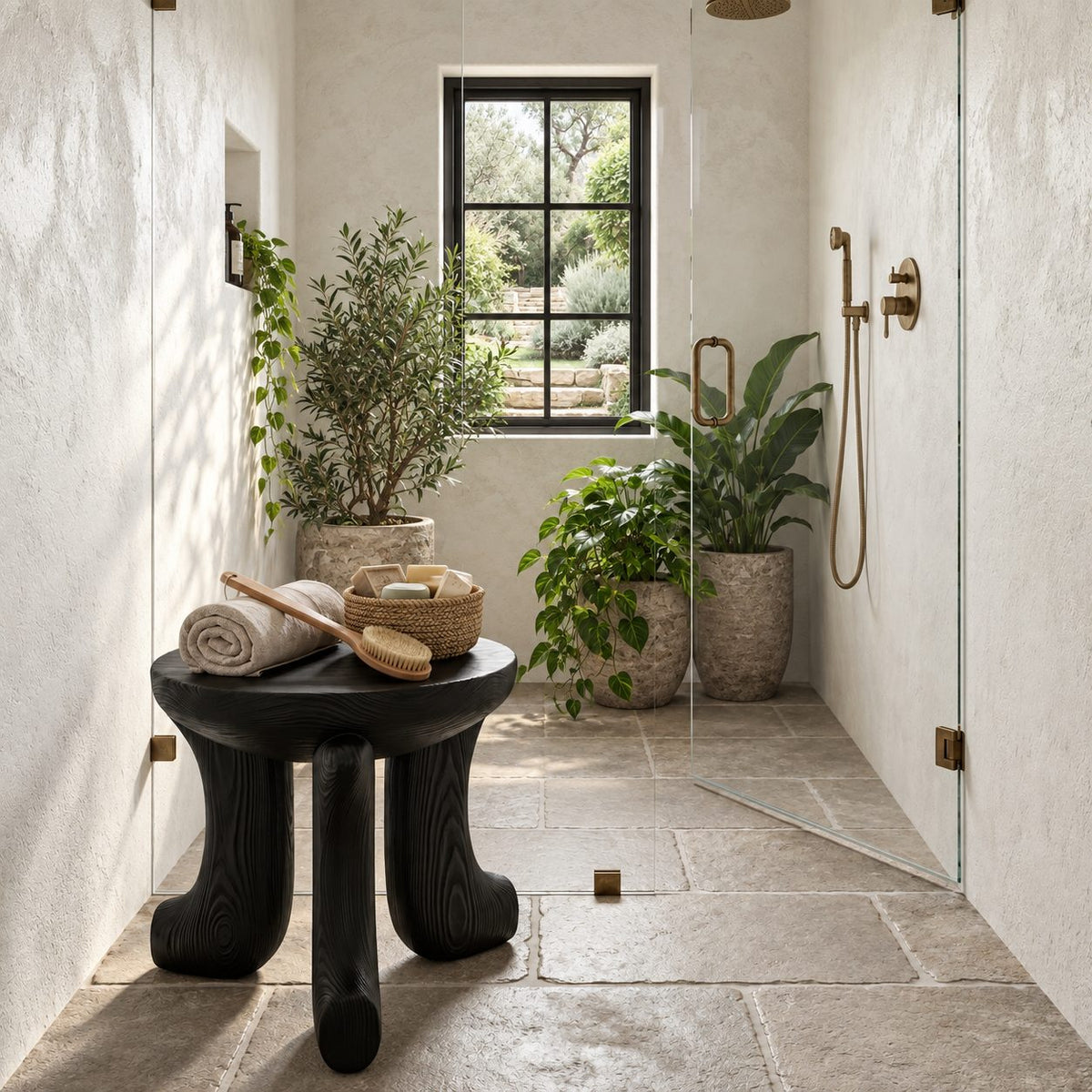 Dished Round Seat Shower Stool, Carved Solid Wood Bath Stool on Three Curved Feet, 16 Inch