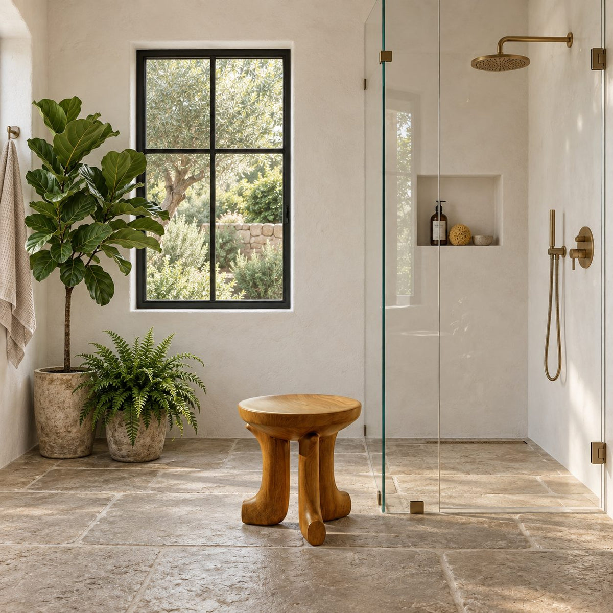 Dished Round Seat Shower Stool, Carved Solid Wood Bath Stool on Three Curved Feet, 16 Inch
