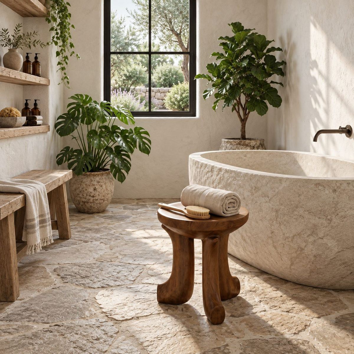 Dished Round Seat Shower Stool, Carved Solid Wood Bath Stool on Three Curved Feet, 16 Inch