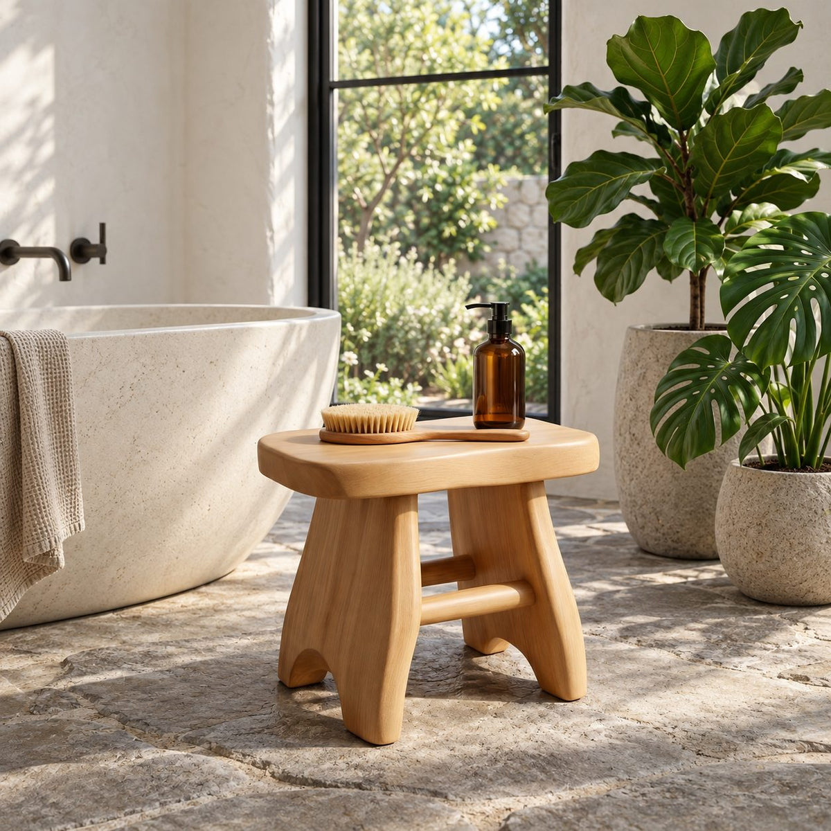 Splay Leg Shower Stool with Stretcher, Solid Wood Bath Stool with Rounded Seat and Arched Feet, 18 Inch