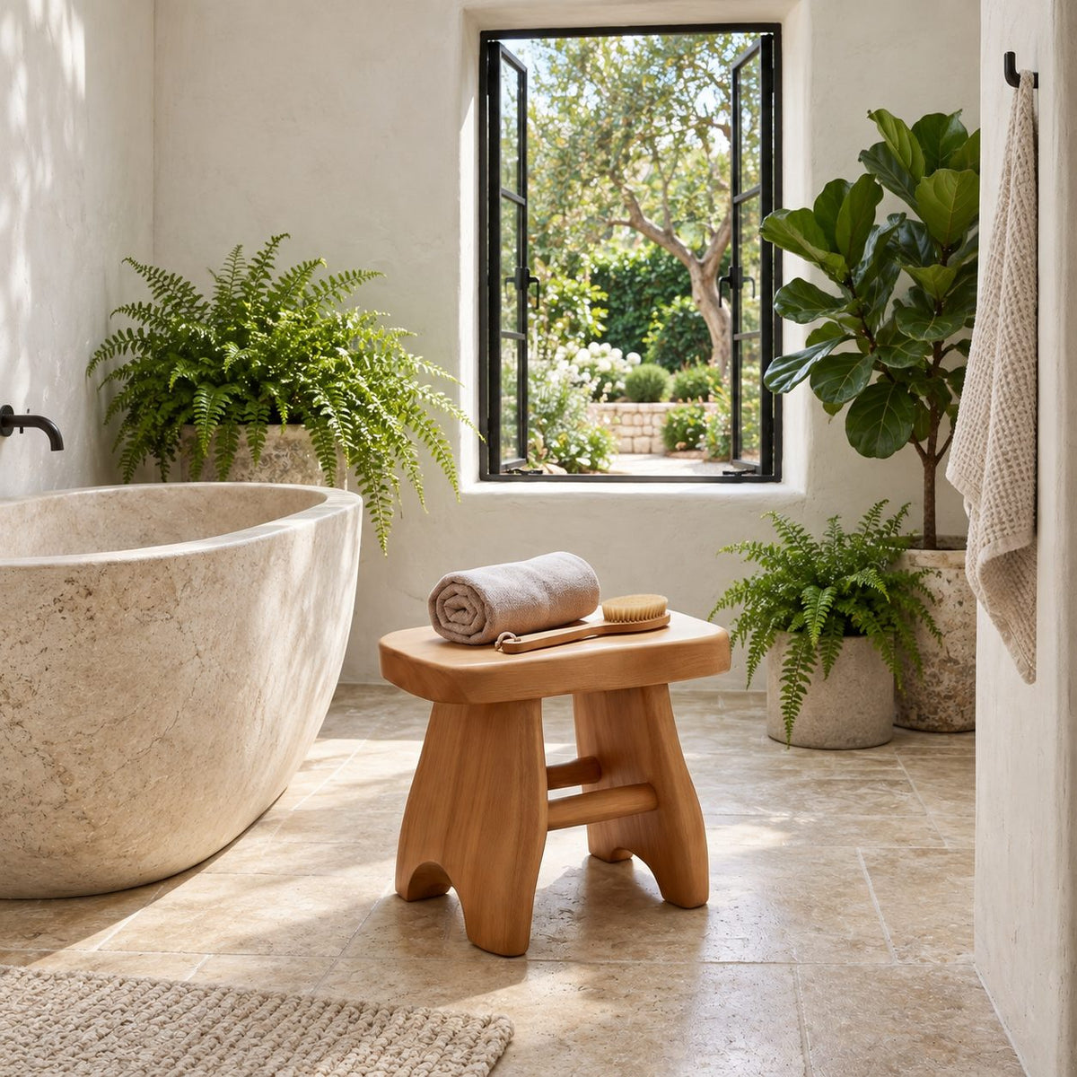 Splay Leg Shower Stool with Stretcher, Solid Wood Bath Stool with Rounded Seat and Arched Feet, 18 Inch