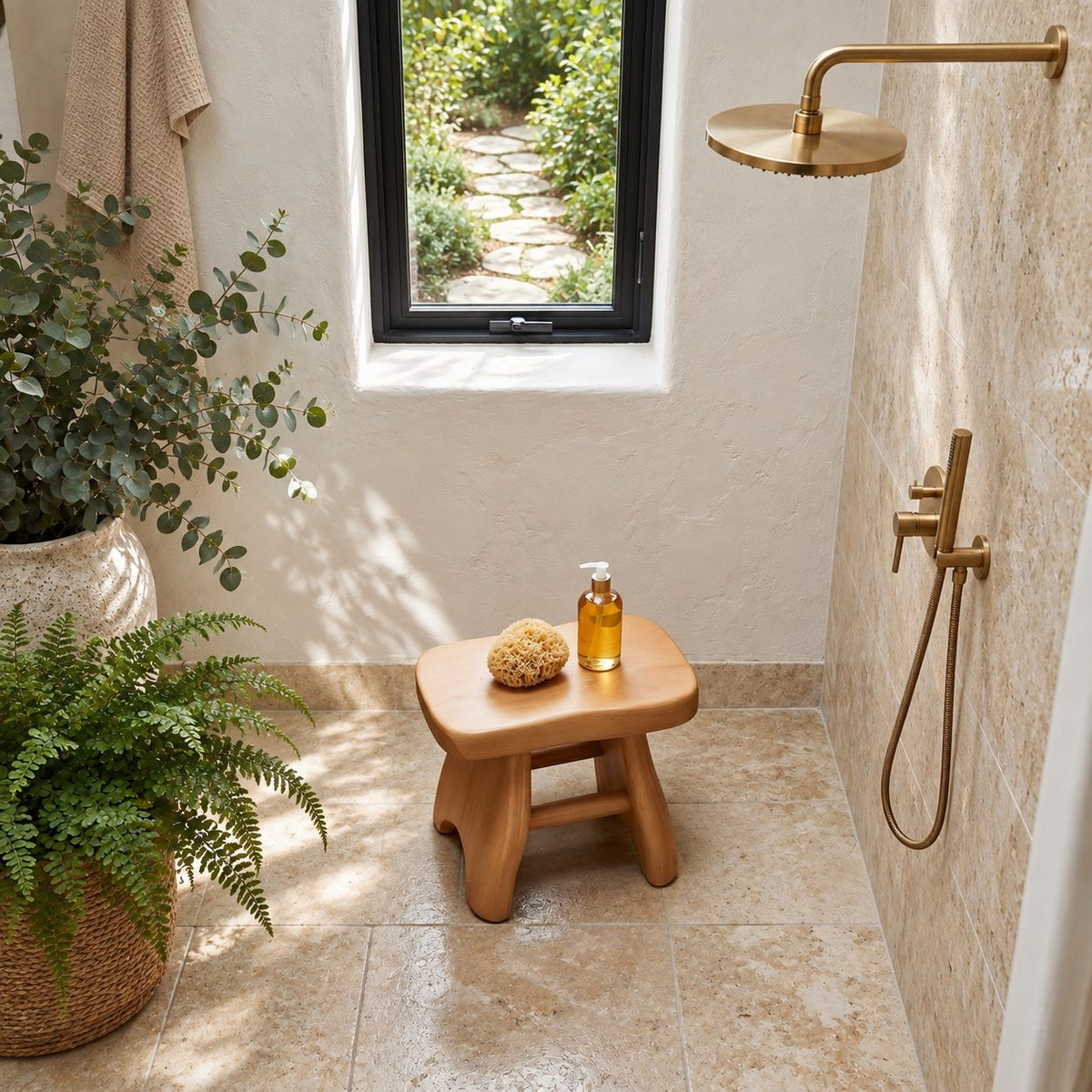 Splay Leg Shower Stool with Stretcher, Solid Wood Bath Stool with Rounded Seat and Arched Feet, 18 Inch
