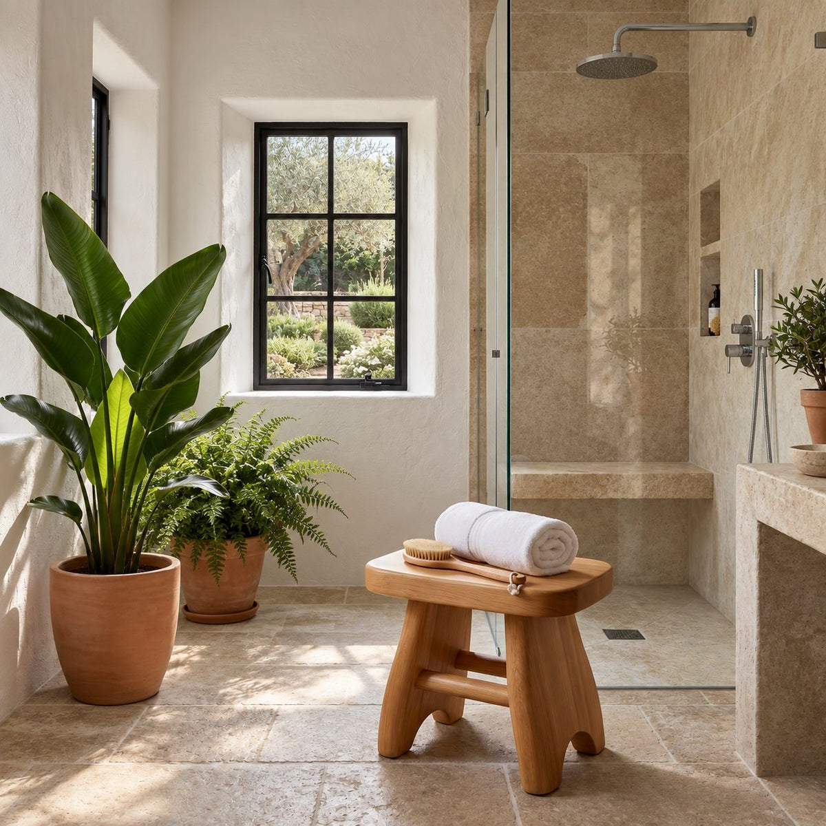 Splay Leg Shower Stool with Stretcher, Solid Wood Bath Stool with Rounded Seat and Arched Feet, 18 Inch