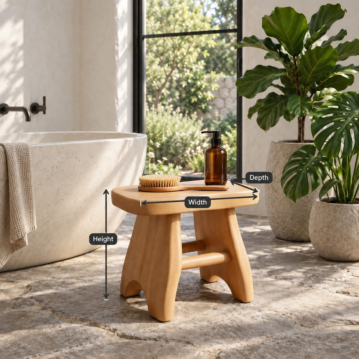 Splay Leg Shower Stool with Stretcher, Solid Wood Bath Stool with Rounded Seat and Arched Feet, 18 Inch