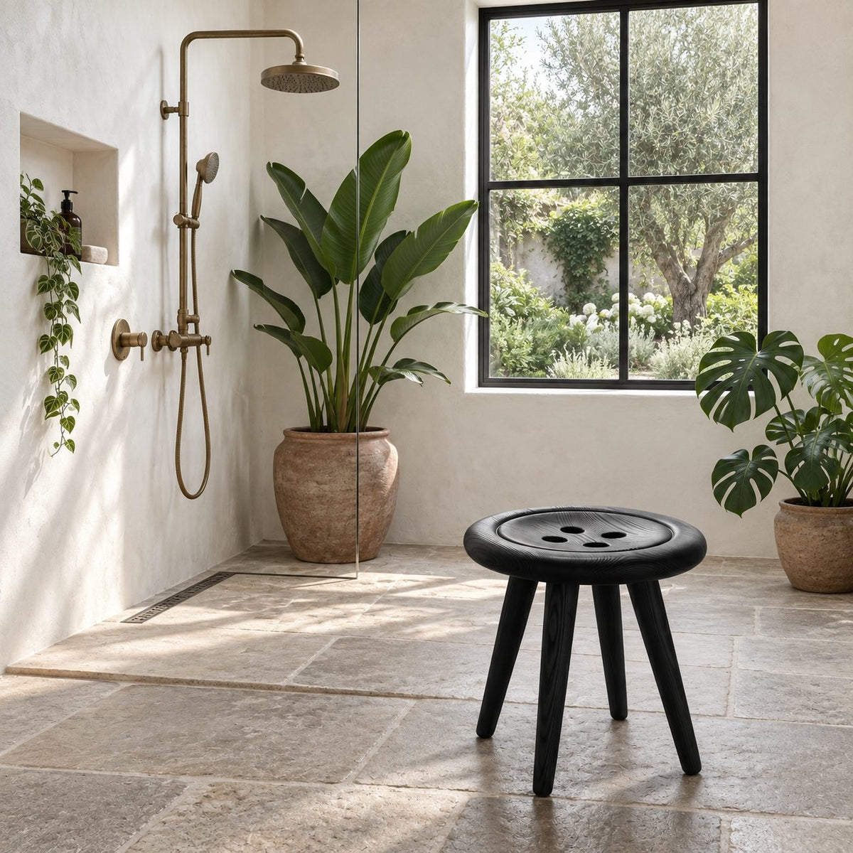 Button Top Shower Stool, Round Solid Wood Bath Stool with Four-Hole Seat on Tapered Legs, 16 Inch