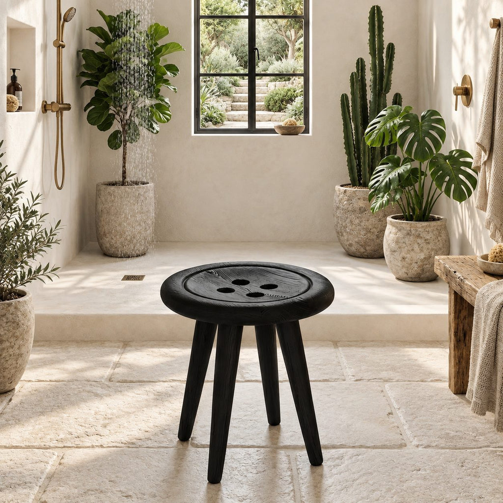Button Top Shower Stool, Round Solid Wood Bath Stool with Four-Hole Seat on Tapered Legs, 16 Inch