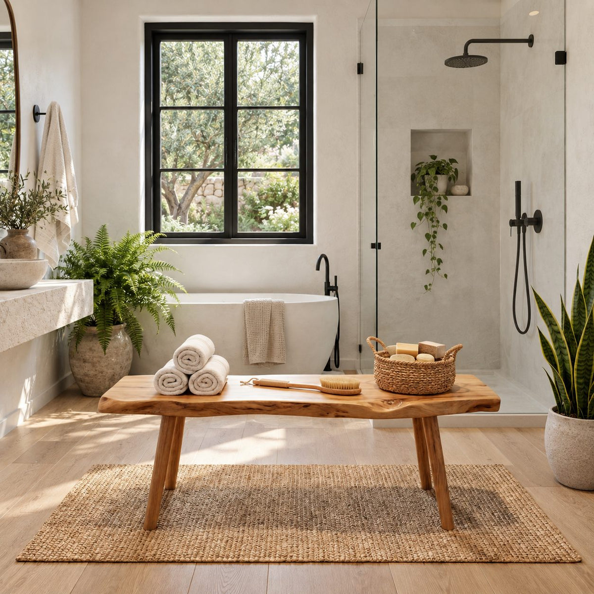 Splayed Leg Live Edge Shower Bench, Natural Slab Solid Wood Spa Bench for Bathroom and Sauna, 32-60 Inch