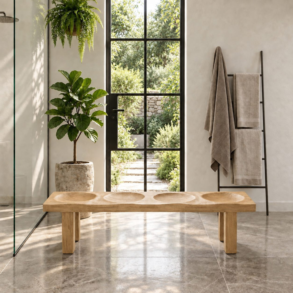 Four Dish Seat Shower Bench, Thick Solid Wood Spa Bench with Carved Seat Hollows on Block Legs, 32-60 Inch