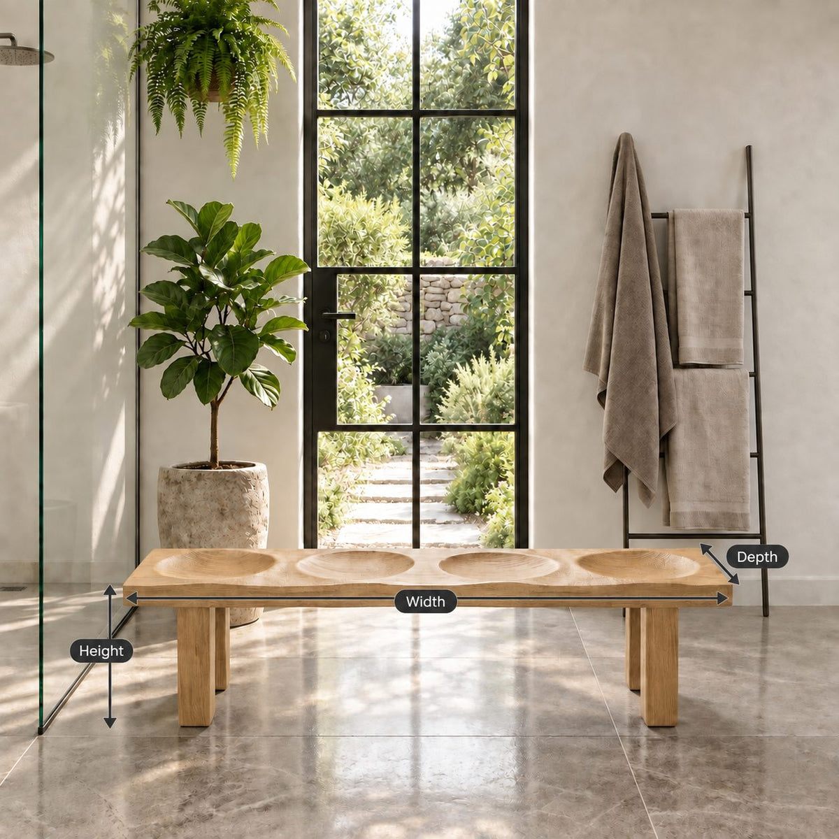 Four Dish Seat Shower Bench, Thick Solid Wood Spa Bench with Carved Seat Hollows on Block Legs, 32-60 Inch