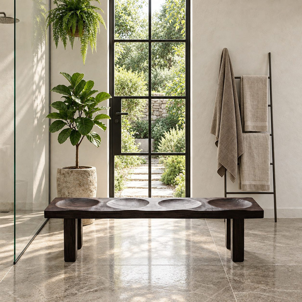 Four Dish Seat Shower Bench, Thick Solid Wood Spa Bench with Carved Seat Hollows on Block Legs, 32-60 Inch