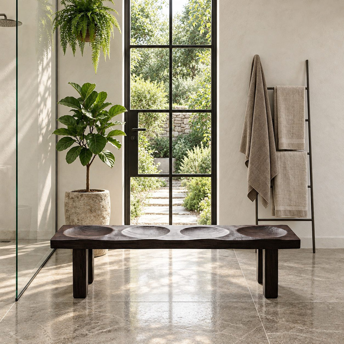 Four Dish Seat Shower Bench, Thick Solid Wood Spa Bench with Carved Seat Hollows on Block Legs, 32-60 Inch