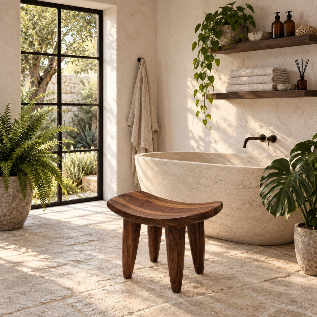 Low Saddle Peg Leg Shower Stool, Solid Wood Bath Stool with Curved Seat on Four Tapered Legs, 18 Inch