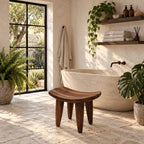 Low Saddle Peg Leg Shower Stool, Solid Wood Bath Stool with Curved Seat on Four Tapered Legs, 18 Inch