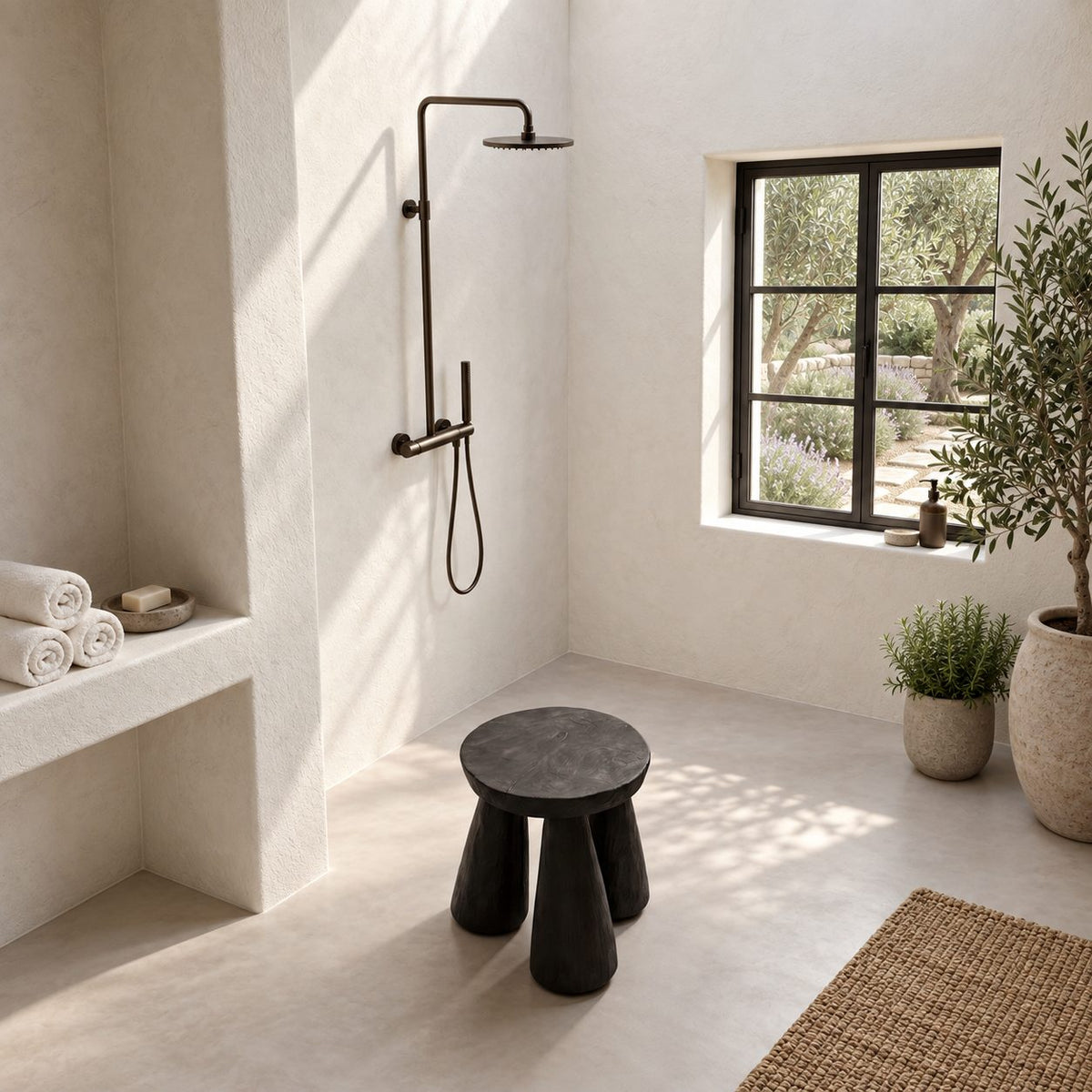 Tripod Peg Leg Shower Stool, Round Solid Wood Bath Stool with Thick Tapered Legs, 16 Inch