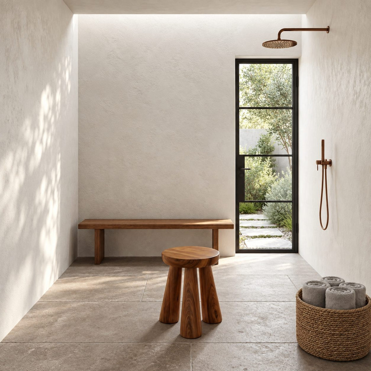 Tripod Peg Leg Shower Stool, Round Solid Wood Bath Stool with Thick Tapered Legs, 16 Inch