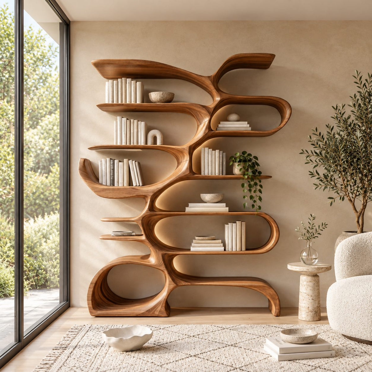 Tree Bookshelf with Flowing Looped Branches, Sculptural Wood Bookcase for Modern Living Room