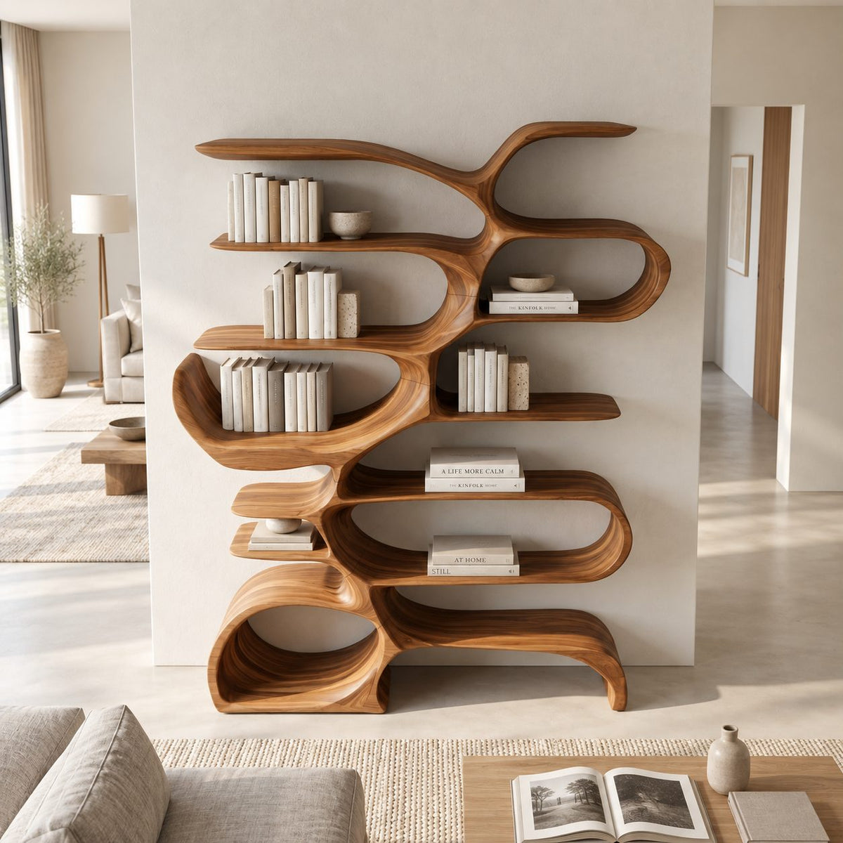 Tree Bookshelf with Flowing Looped Branches, Sculptural Wood Bookcase for Modern Living Room