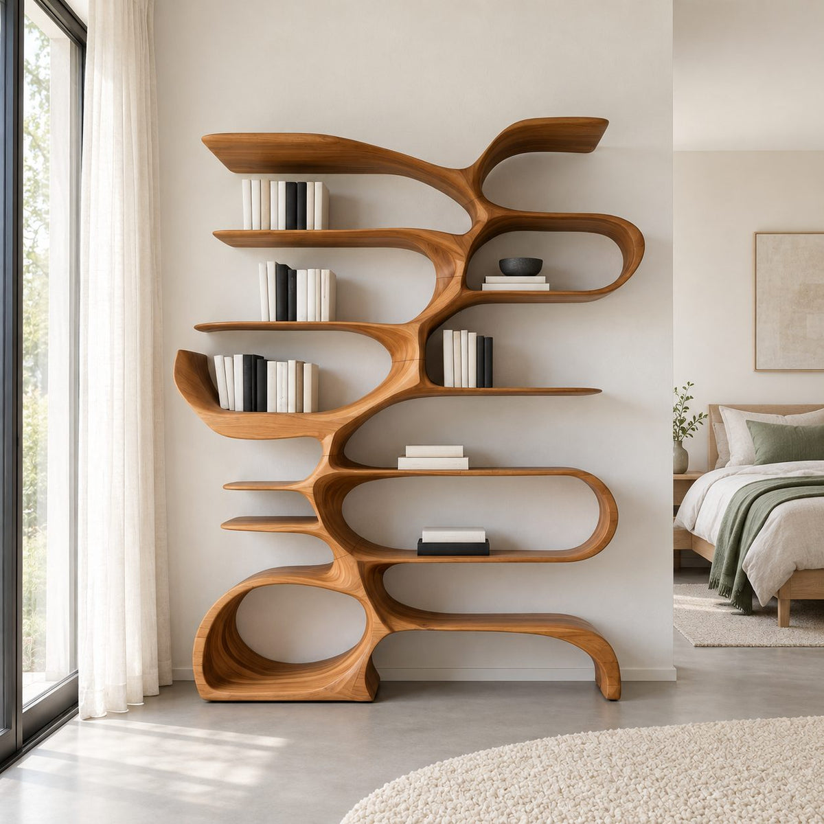 Tree Bookshelf with Flowing Looped Branches, Sculptural Wood Bookcase for Modern Living Room