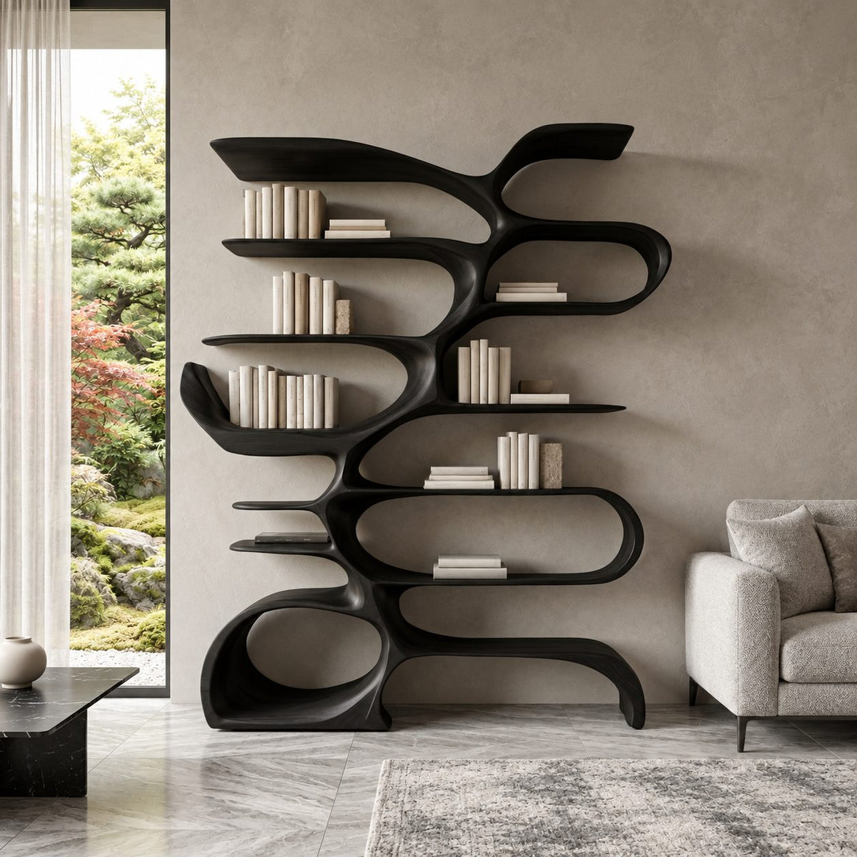 Tree Bookshelf with Flowing Looped Branches, Sculptural Wood Bookcase for Modern Living Room