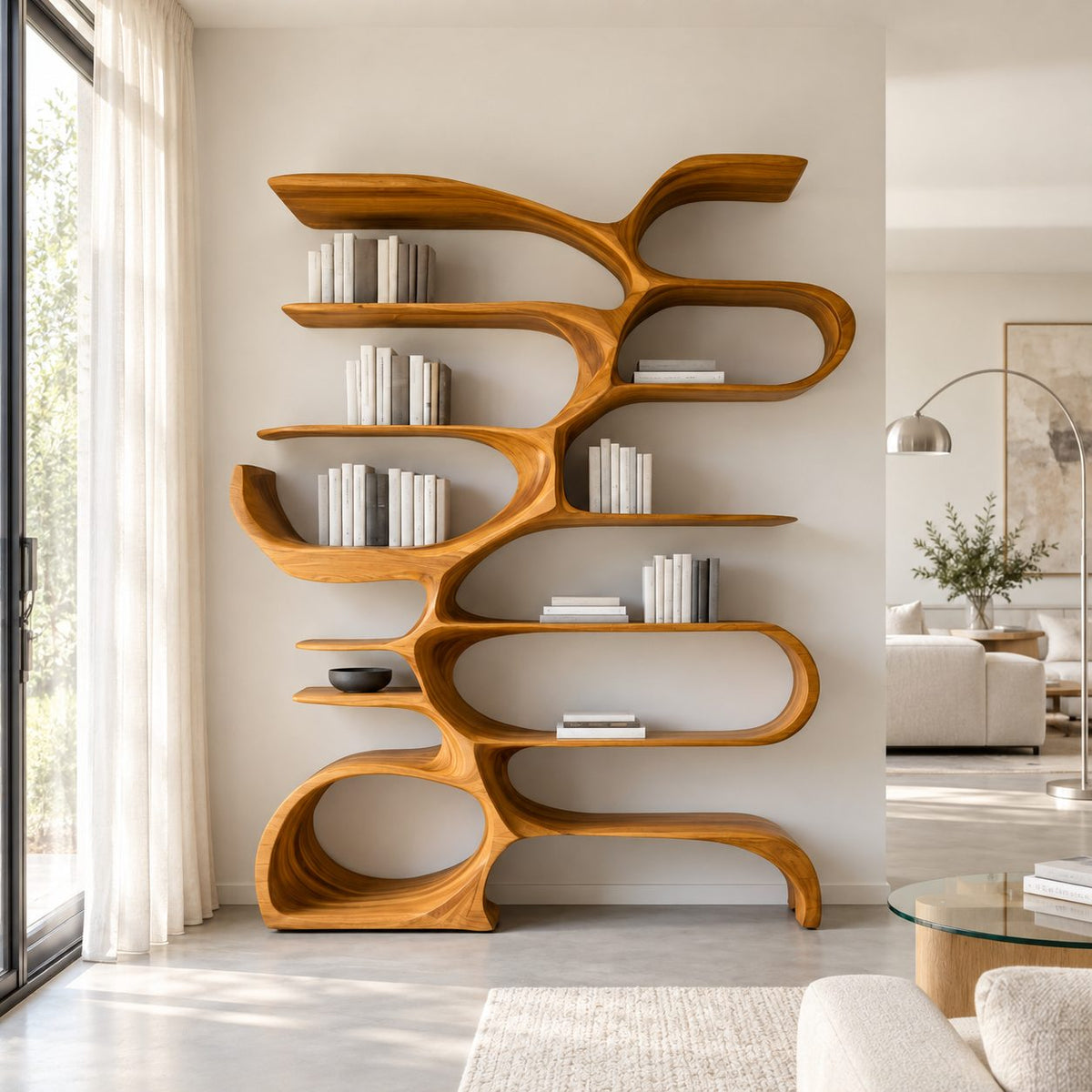 Tree Bookshelf with Flowing Looped Branches, Sculptural Wood Bookcase for Modern Living Room