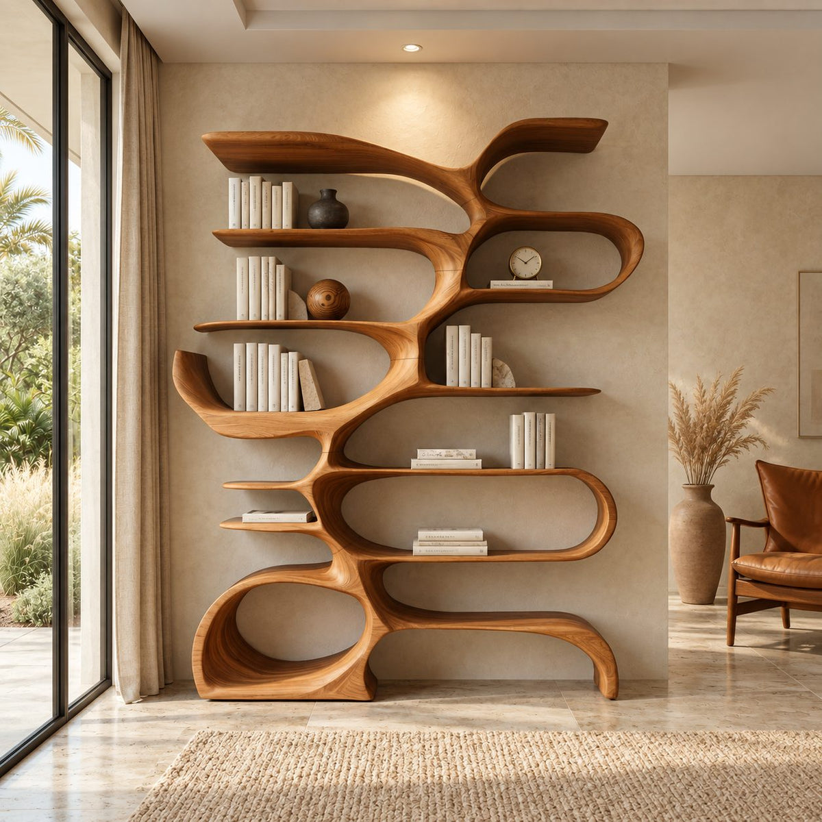 Tree Bookshelf with Flowing Looped Branches, Sculptural Wood Bookcase for Modern Living Room