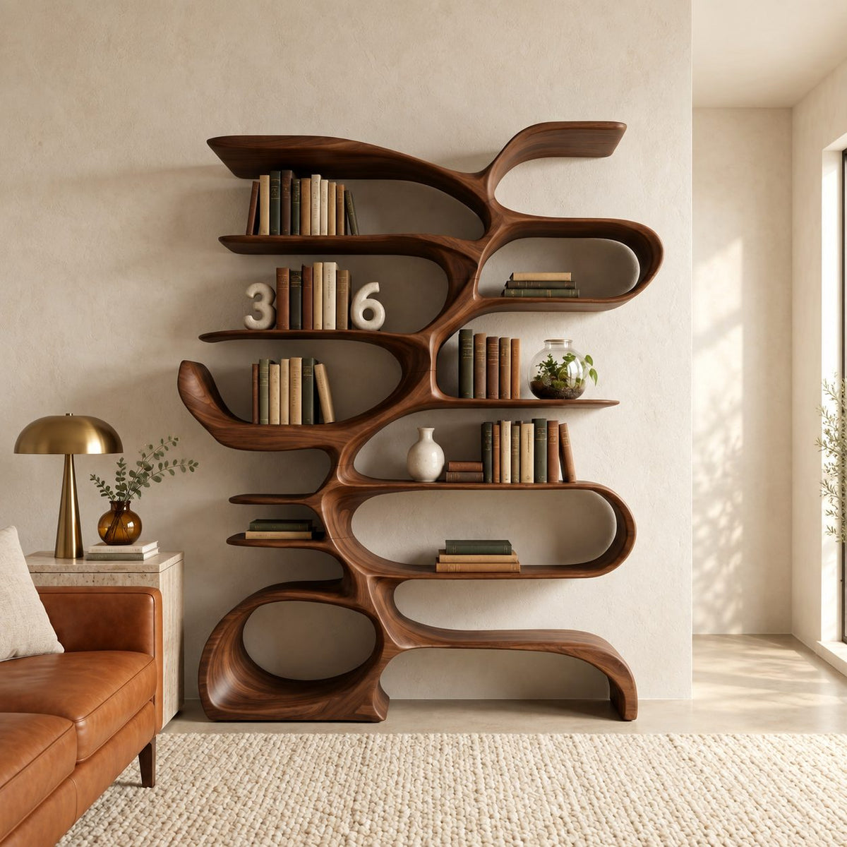 Tree Bookshelf with Flowing Looped Branches, Sculptural Wood Bookcase for Modern Living Room