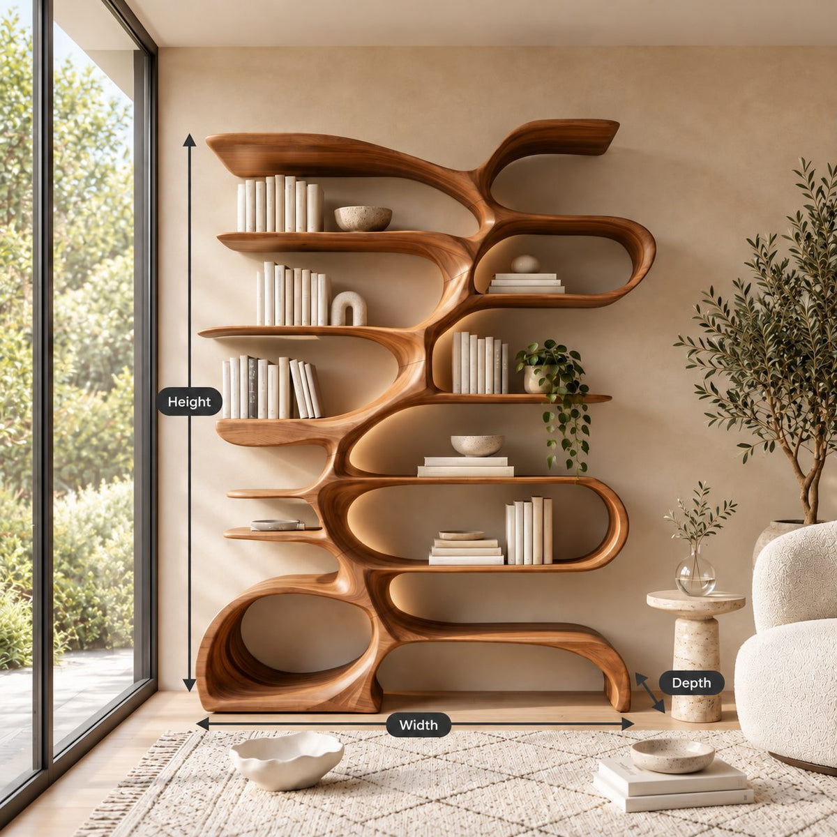 Tree Bookshelf with Flowing Looped Branches, Sculptural Wood Bookcase for Modern Living Room