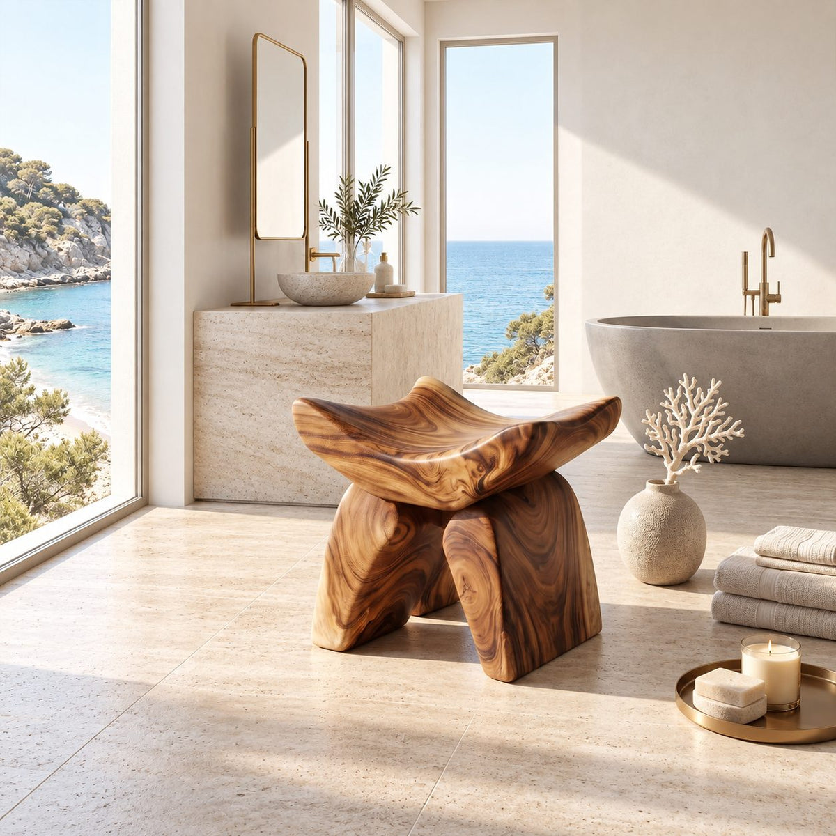 Butterfly Saddle Shower Stool, Sculpted Solid Wood Bath Stool with Upswept Seat and Curved Legs, 16 Inch