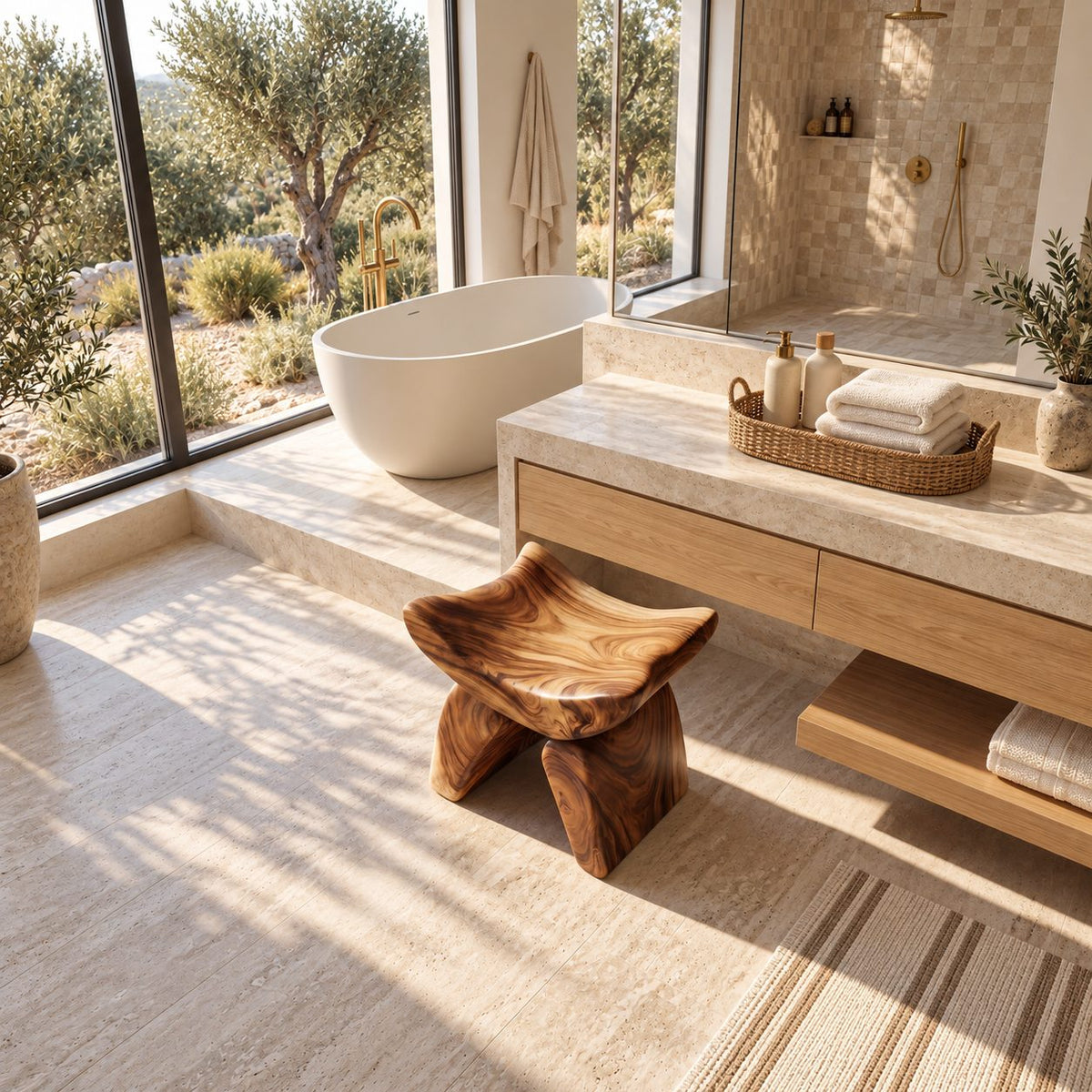 Butterfly Saddle Shower Stool, Sculpted Solid Wood Bath Stool with Upswept Seat and Curved Legs, 16 Inch