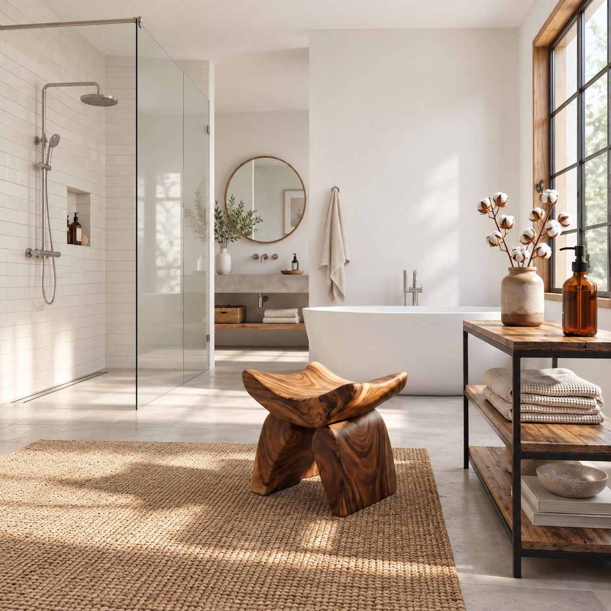 Butterfly Saddle Shower Stool, Sculpted Solid Wood Bath Stool with Upswept Seat and Curved Legs, 16 Inch