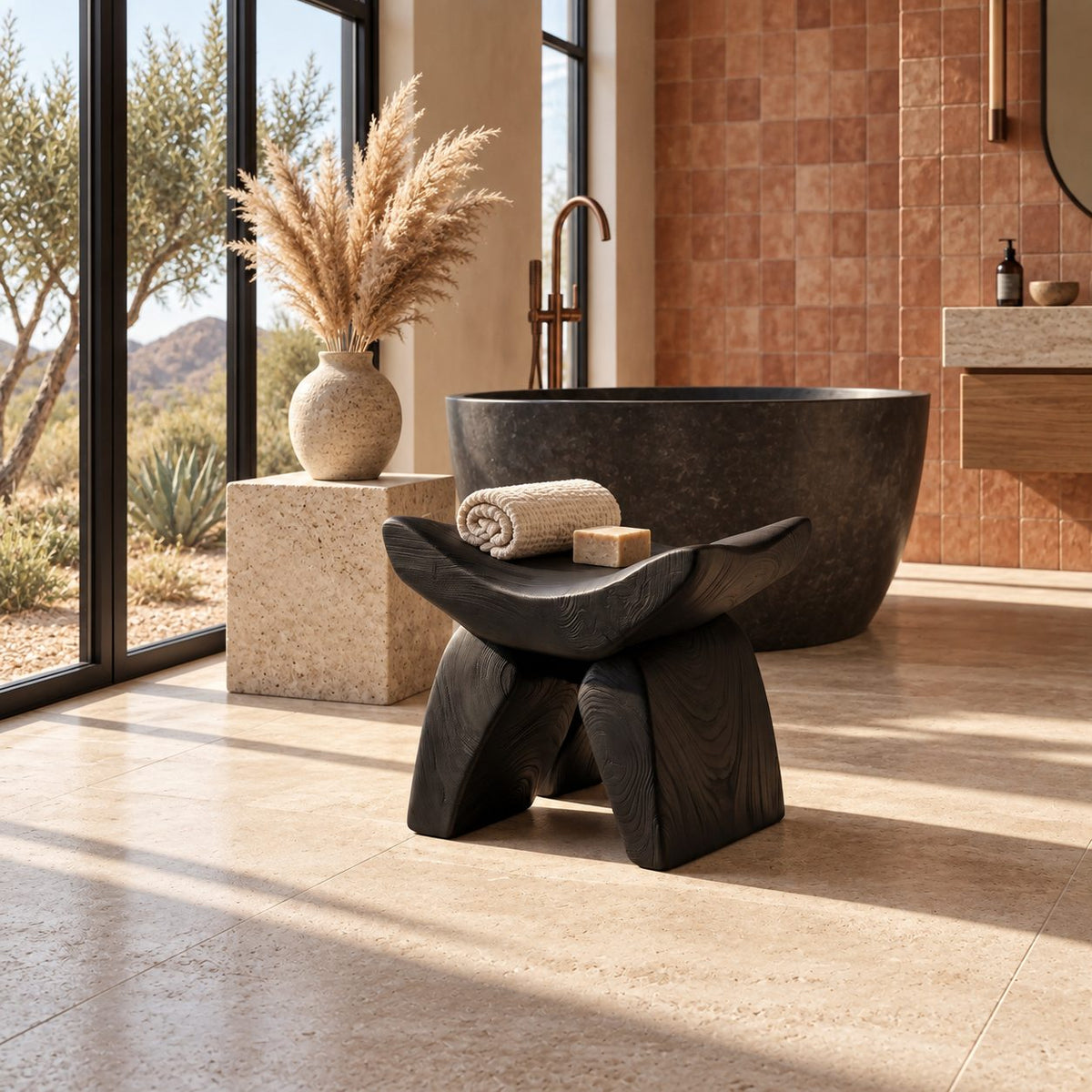 Butterfly Saddle Shower Stool, Sculpted Solid Wood Bath Stool with Upswept Seat and Curved Legs, 16 Inch
