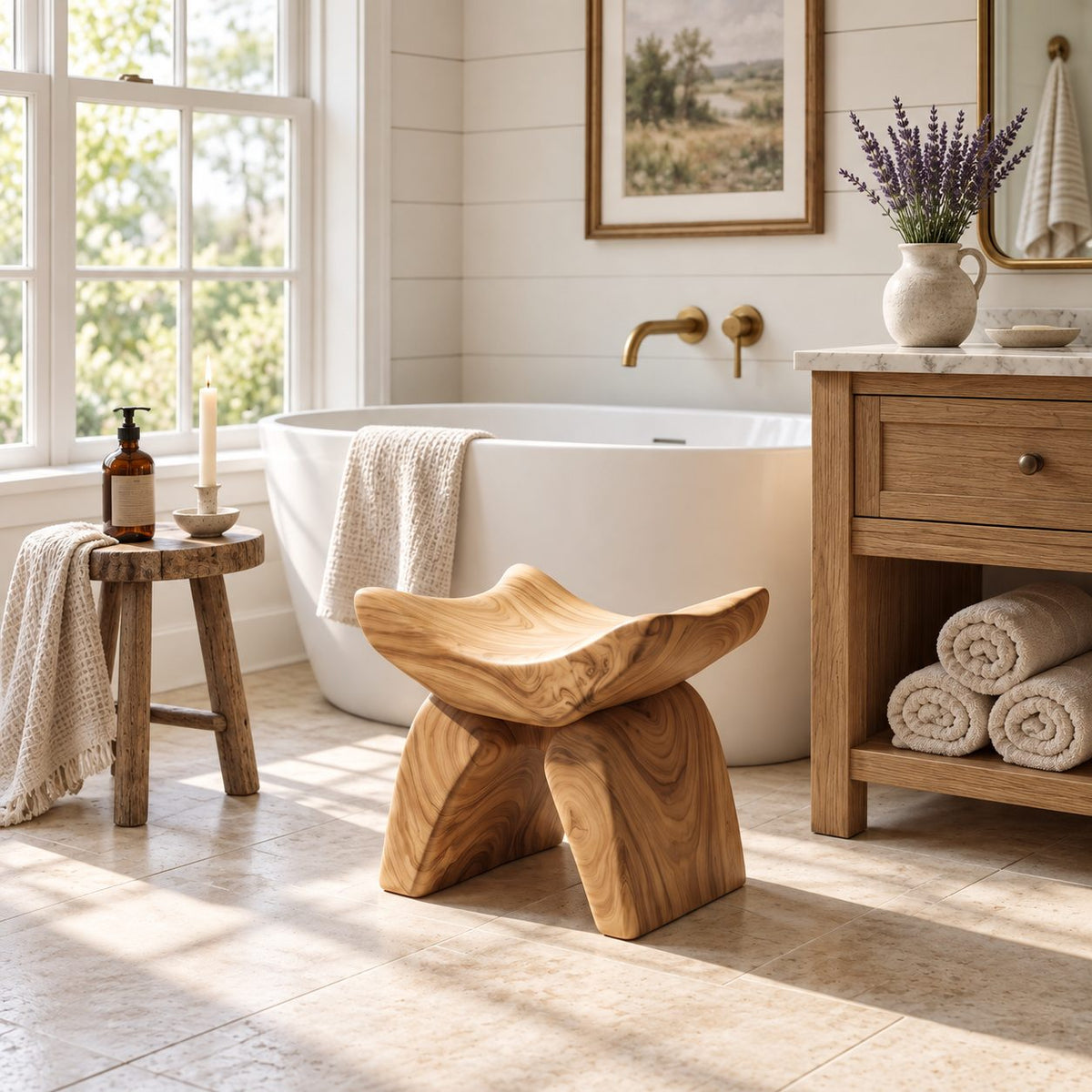 Butterfly Saddle Shower Stool, Sculpted Solid Wood Bath Stool with Upswept Seat and Curved Legs, 16 Inch