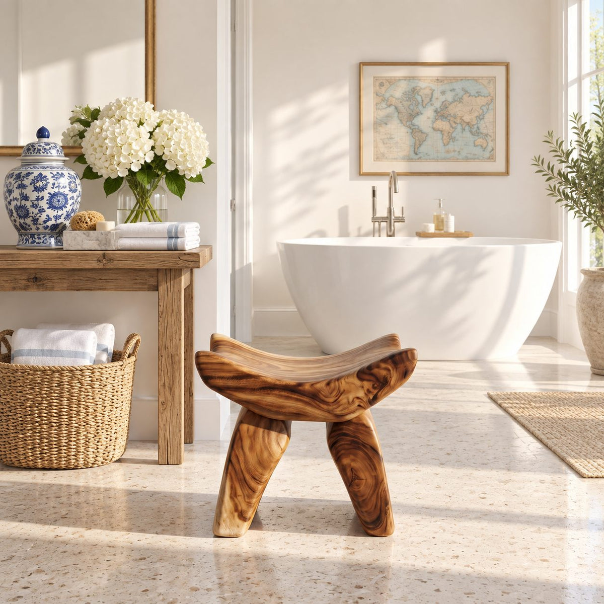 Butterfly Saddle Shower Stool, Sculpted Solid Wood Bath Stool with Upswept Seat and Curved Legs, 16 Inch