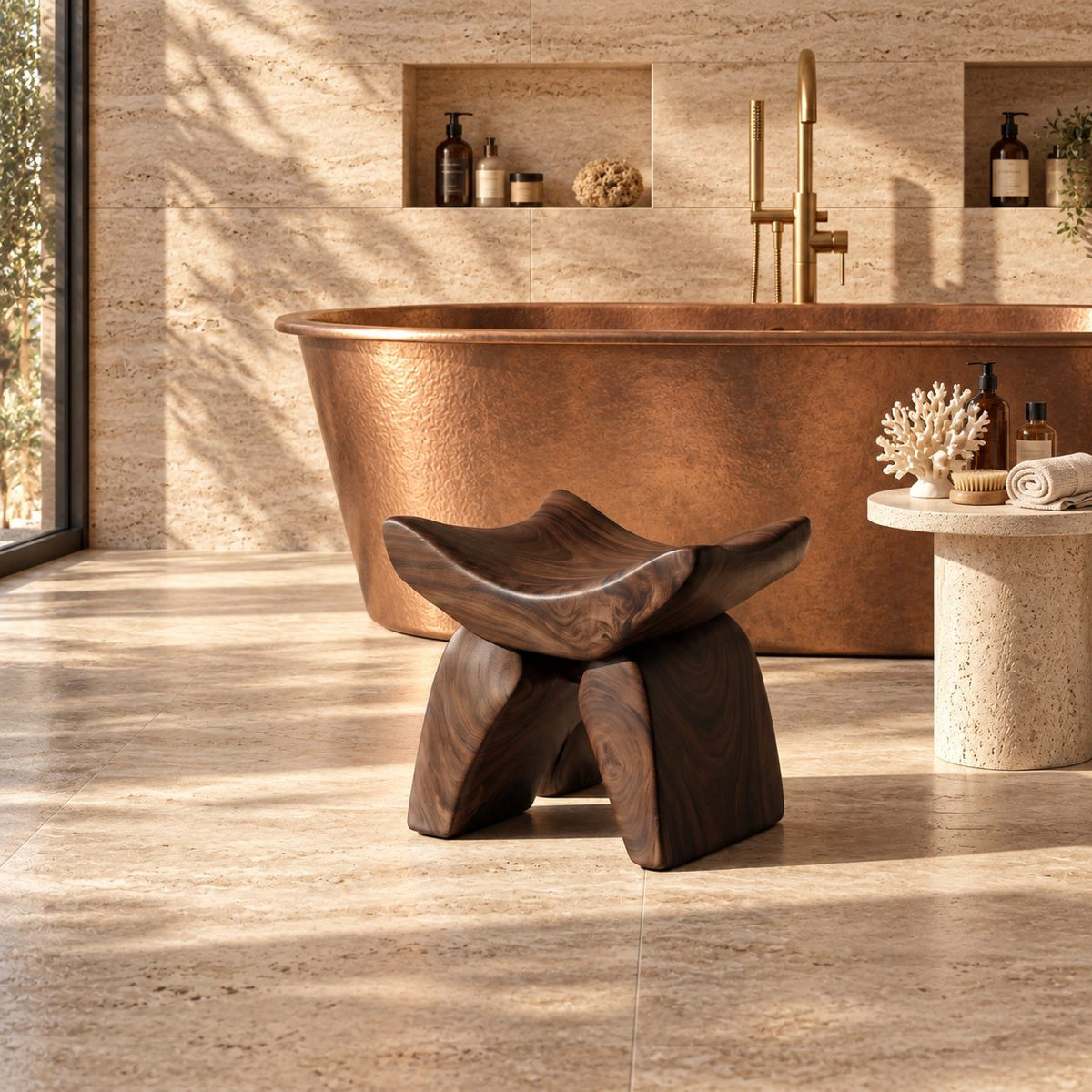 Butterfly Saddle Shower Stool, Sculpted Solid Wood Bath Stool with Upswept Seat and Curved Legs, 16 Inch