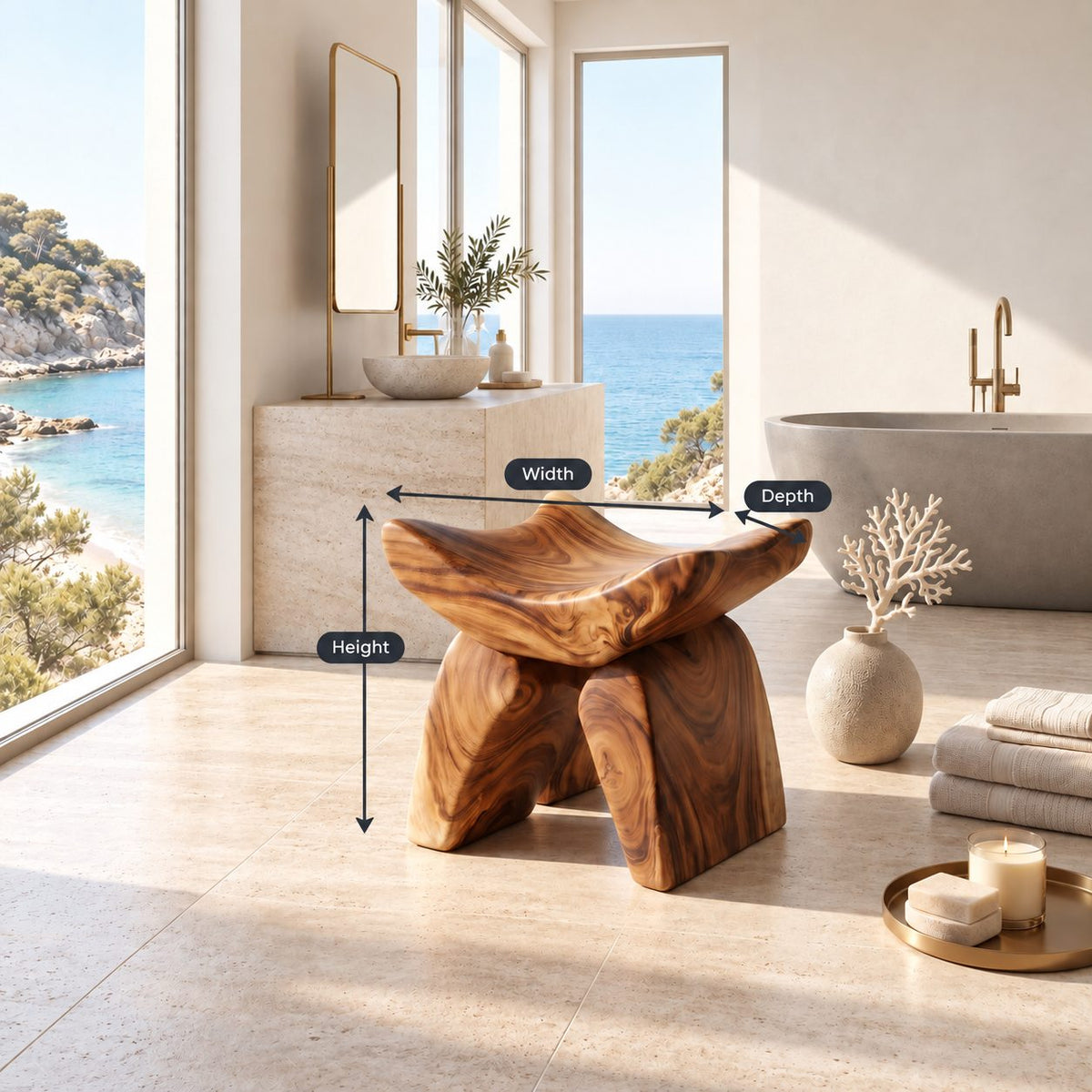 Butterfly Saddle Shower Stool, Sculpted Solid Wood Bath Stool with Upswept Seat and Curved Legs, 16 Inch