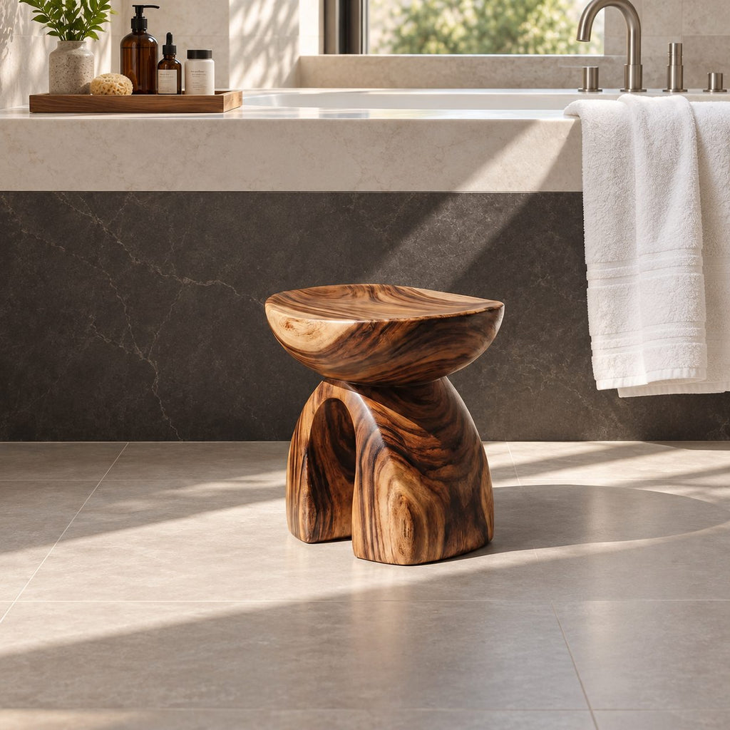 Mushroom Arch Shower Stool, Carved Solid Wood Bath Stool with Rounded Top and Open Arch Base, 14 Inch