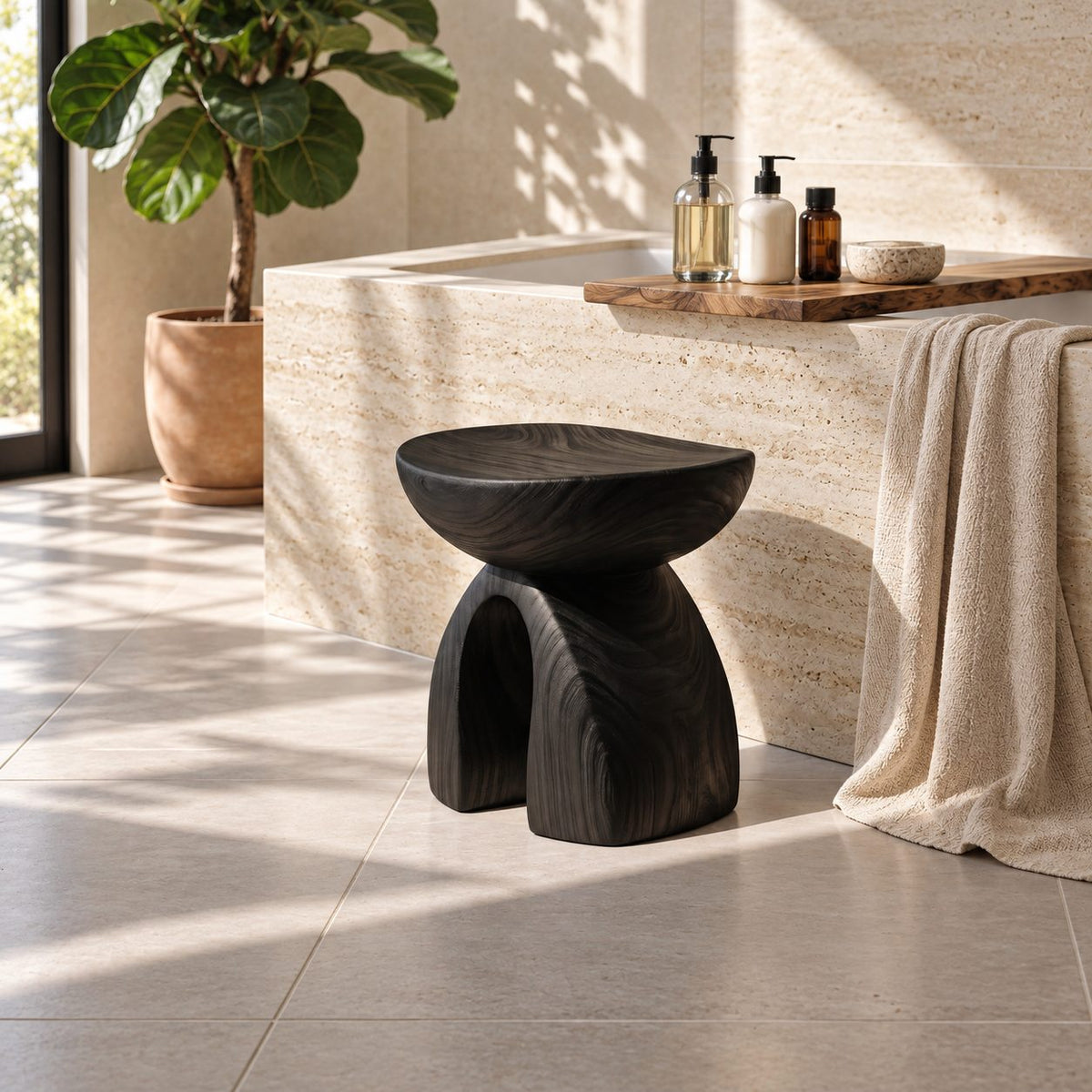 Mushroom Arch Shower Stool, Carved Solid Wood Bath Stool with Rounded Top and Open Arch Base, 14 Inch