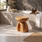 Mushroom Arch Shower Stool, Carved Solid Wood Bath Stool with Rounded Top and Open Arch Base, 14 Inch