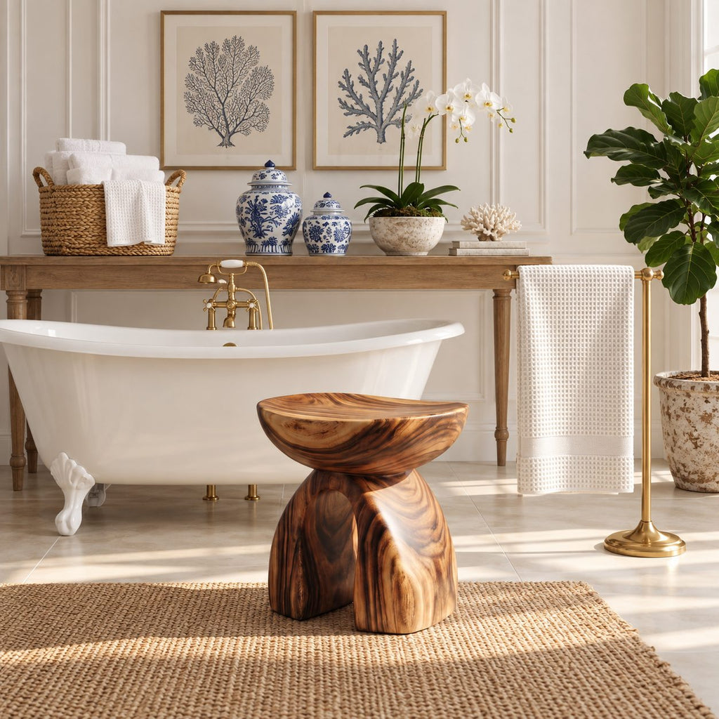 Mushroom Arch Shower Stool, Carved Solid Wood Bath Stool with Rounded Top and Open Arch Base, 14 Inch