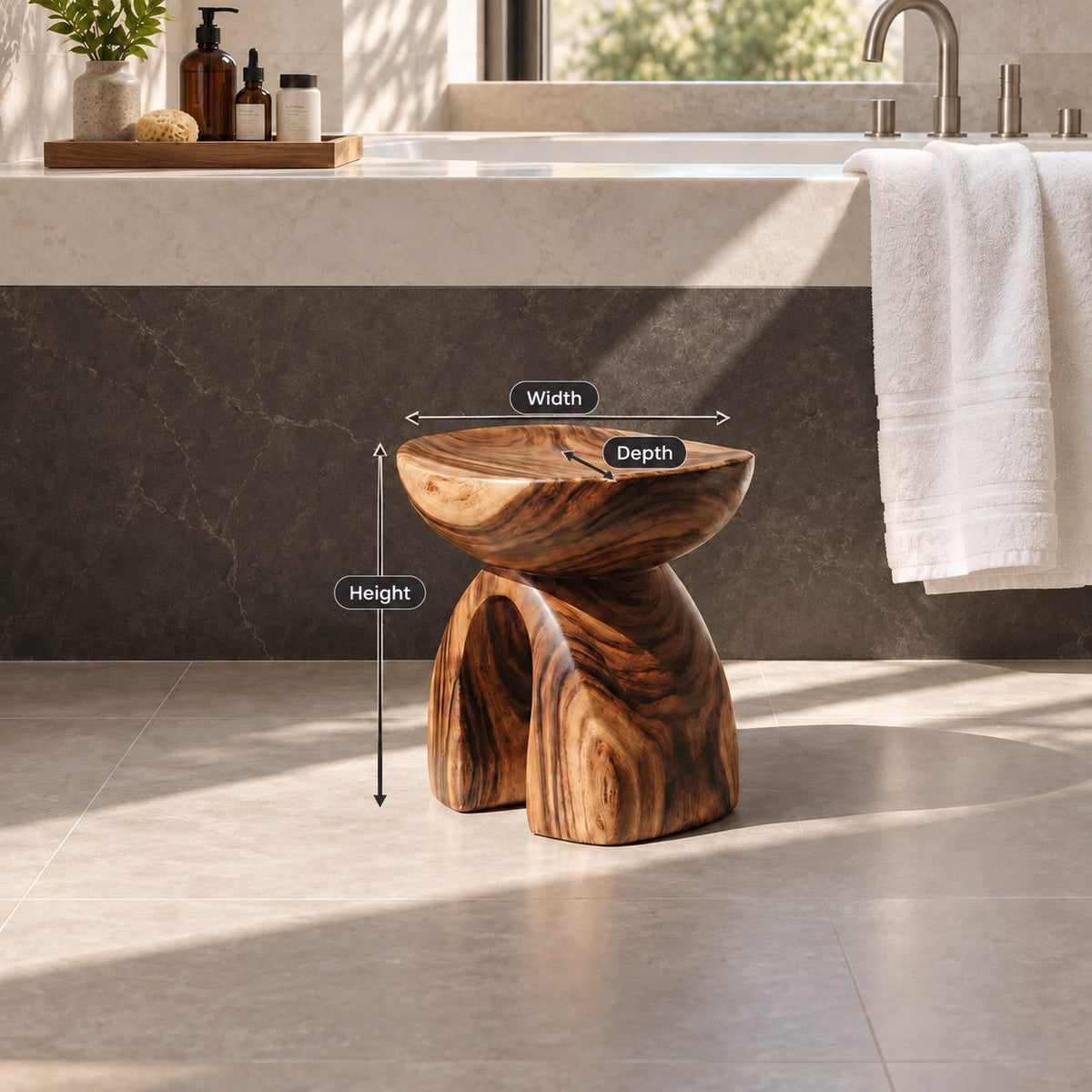 Mushroom Arch Shower Stool, Carved Solid Wood Bath Stool with Rounded Top and Open Arch Base, 14 Inch