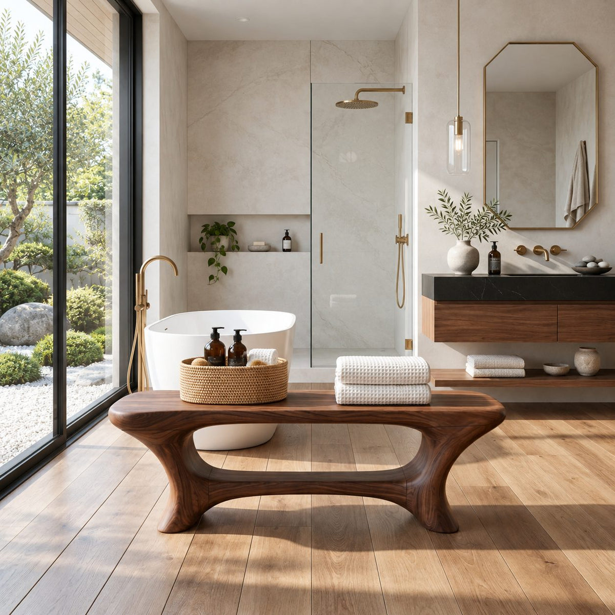 Open Center Organic Shower Bench, Sculpted Solid Wood Bathroom Bench with Low Curved Shelf, 39-65 Inch