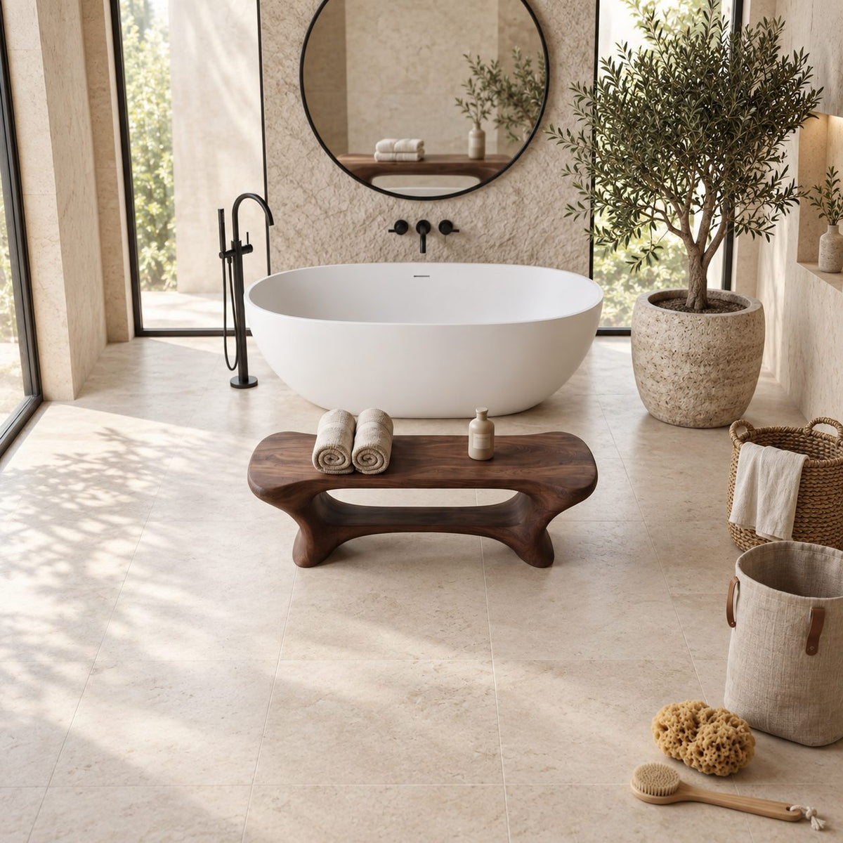 Open Center Organic Shower Bench, Sculpted Solid Wood Bathroom Bench with Low Curved Shelf, 39-65 Inch