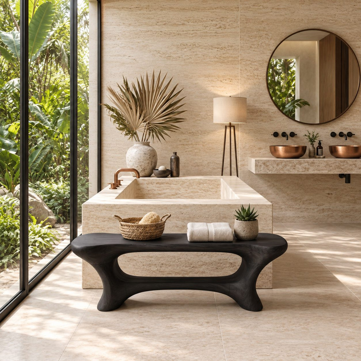 Open Center Organic Shower Bench, Sculpted Solid Wood Bathroom Bench with Low Curved Shelf, 39-65 Inch